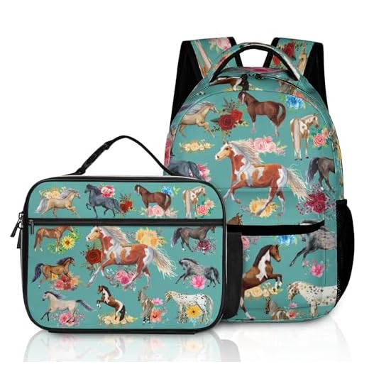 SKYIGC Horse Floral Backpack With Lunch Box Set, Horse Print Backpack 17 inch Horse Lover Gifts Gift for Women