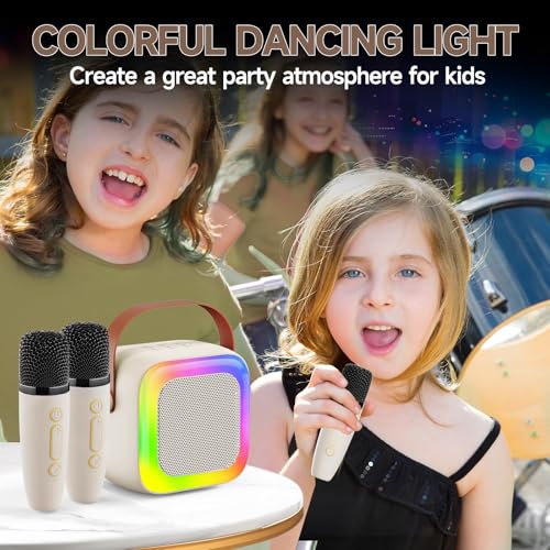 Image of Mini Karaoke Machine for Kids Teen Adults, Kids Karaoke Machine with 2 Wireless Microphones and LED Lights Toys for Party, Home, Gifts for 4 5 6 7 8 9 10 11 12+ Years Girls Boys(Beige)