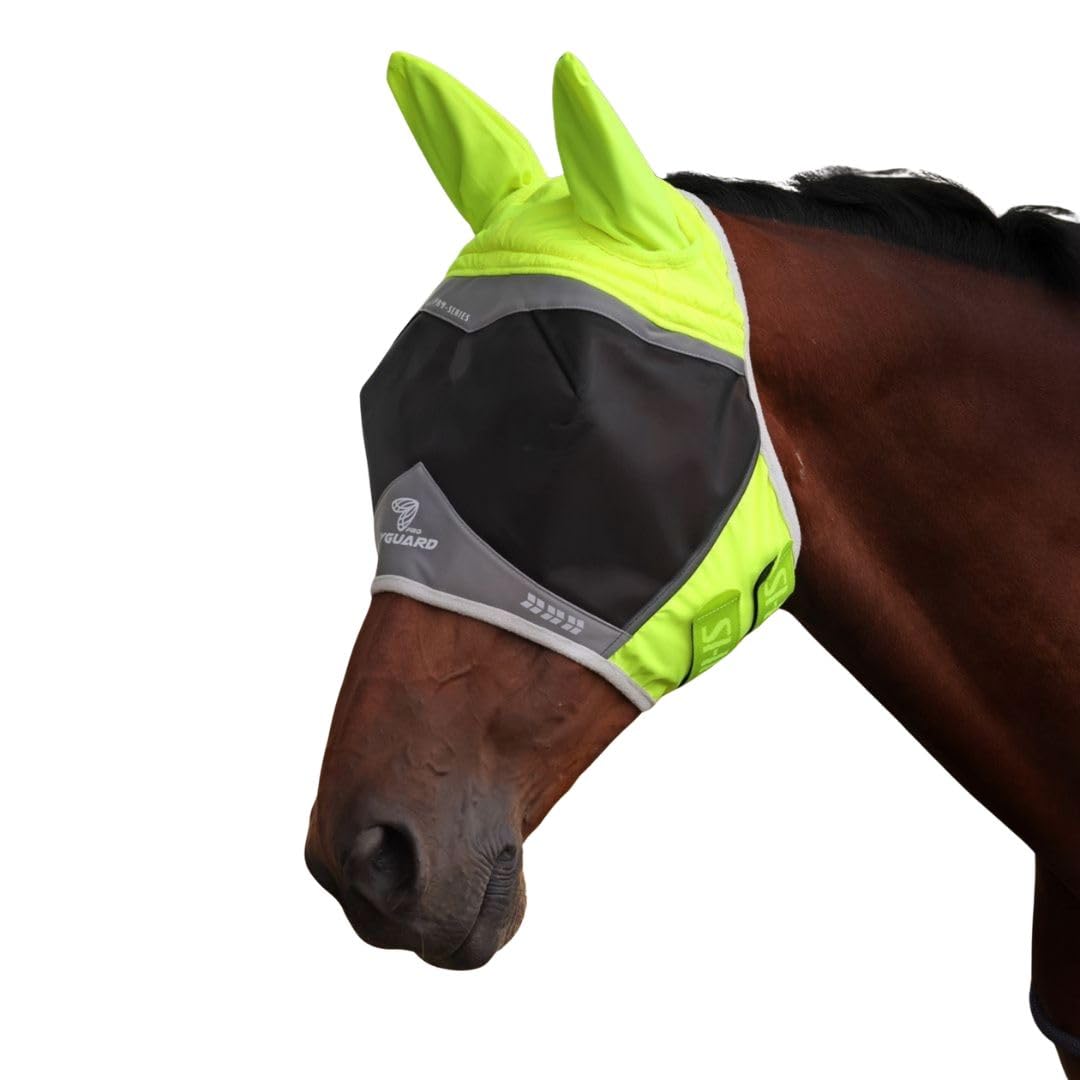 Shires FlyGuard Pro Hi-Viz Fine Mesh Fly Mask with Ears – Pony Size | Lightweight Breathable Mesh Protection | Secure Fit for Turnout, Grazing & Stable Use | Yellow