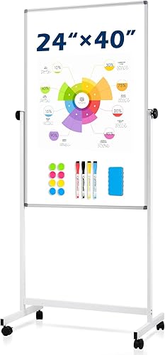 Miniatura 11 de Pizarra blanca móvil, pizarra blanca magnética de 36 x 24 pulgadas con soporte, caballete de altura ajustable, pizarra blanca de pie de borrado en
