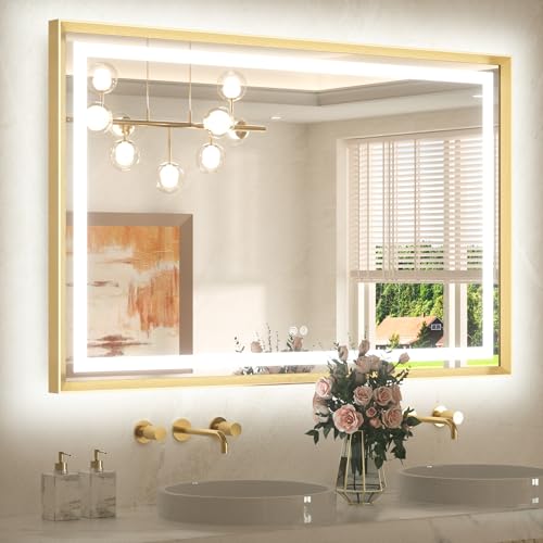 TETOTE 48 x 32 Bathroom LED Mirror Brushed Gold Metal Frame Frontlit & Backlit Vanity Mirror Stepless Dimmable Anti-Fog 3 Colors White/Warm/Natural Light up Vanity Wall-Mounted