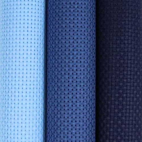 Image of KCS 3 pc of 15 inch x 18 inch(38cmx45cm) 11 Count Cross Stitch Cotton Aida Cloth Needlework Rolled Fabric Box,11CT,Light Blue+Jeans Blue+Navy Blue
