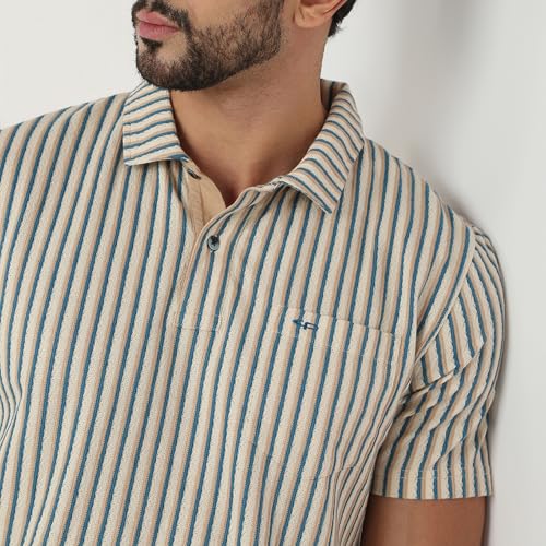 Image of Colorplus Men Regular Fit Stripe Pattern Pure Cotton Half Sleeve Polo Neck Casual T-Shirt