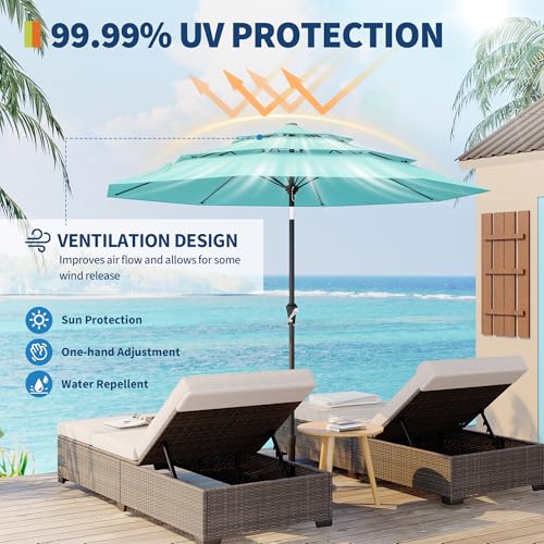9Ft 3 Tiers Market Umbrella Outdoor, 3 Tiers Heavy Duty Patio Umbrella 8 Ribs, Outdoor Market Table Umbrellas with Ventilation and Hand Crank