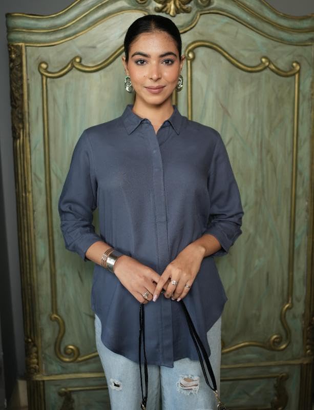 Image of Mlada Hemline Solid Shirts for Women | 3 /4 Sleeves Classic Rayon Shirt for Office Wear | Collared Neck Shirt for Girls | Regular Fit Shirts | Smart Formal Button Down Shirt for Women