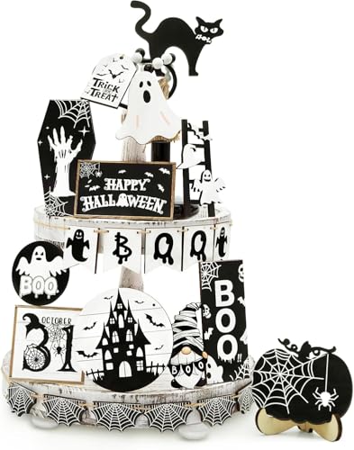 26 Pcs Tiered Tray Decor Wooden Signs Halloween Table Decor,