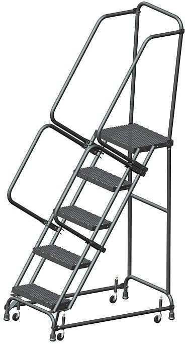 Ballymore FSH518X Steel Standard Rolling Ladder with Spring Loaded Casters and Handrails, Expanded Metal Tread, Unassembled, OSHA/ANSI Standard, 5 Steps, 16" Step Width, 14" Top Step Deep, Gray