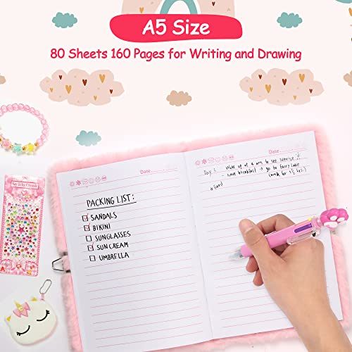 Ifintechno Unicorn Diary For Girls With Lock And Keys,Kids Journal School Travel Notebook Gift Set For Writing & Drawing,Cute Fluffy Secret Diary With Multicolored Pen Gem Stickers Card Purse Bracelet #TOP3