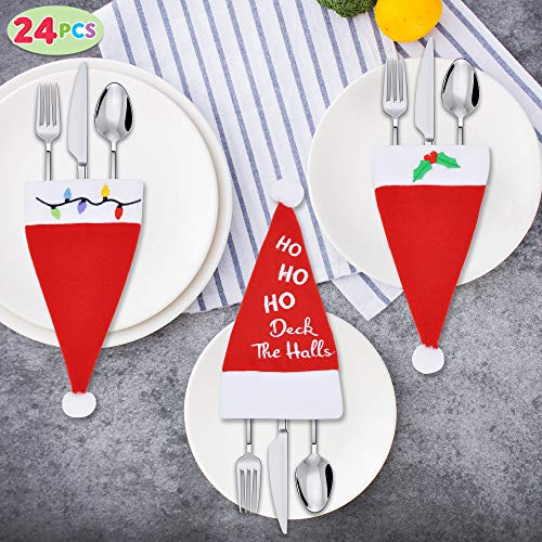 JOYIN 24 Piece Holiday Christmas Santa Hats Dinner Silverware Holders for Cutlery Party