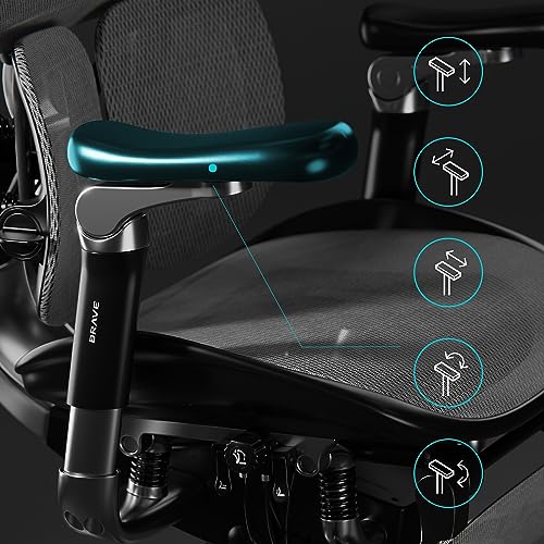 Brave V-Kinetic Sedia da ufficio Poltrona da Scrivania Ergonomica con Poggiapiedi Braccioli 5D Rete Supporto lombare Sedile regolabile Portata fino a 120 kg Nero - Sedia gaming - Immagine 6