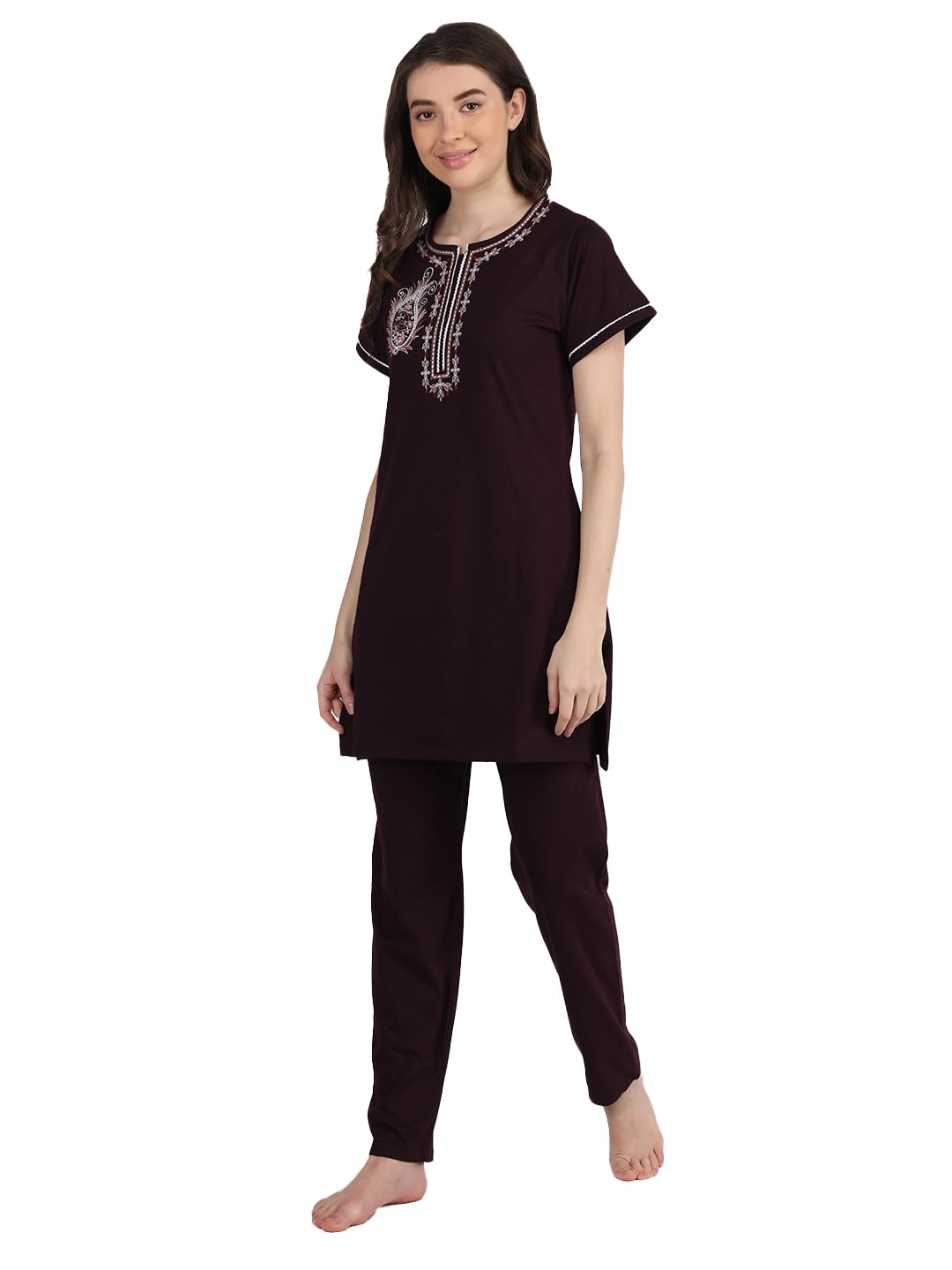 Duchess Women's Cotton Embroided Long Length Night Suit Set, 3xl ,WINE color - Image 5 thumbnail