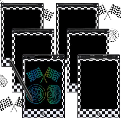 Nezyo 6 Pack Race Car Party Favors LCD Writing Tablet for Kids 7.87" Race Car Drawing Tablet Erasable Reusable Electronic Black and White Checkered Drawing Pad for Birthday Supplies Christmas Gifts