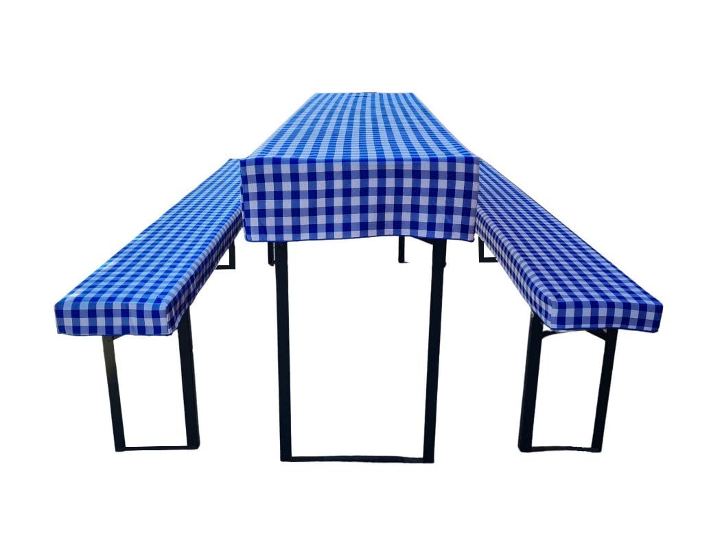 Zestaw mebli do namiotu piwnego (zestaw 3 szt.) składający się z 1 obrusu i 2 pokrowców na ławkę piwną. Rozmiar i kolory do wyboru (220 x 50 cm, niebieska kratka)
