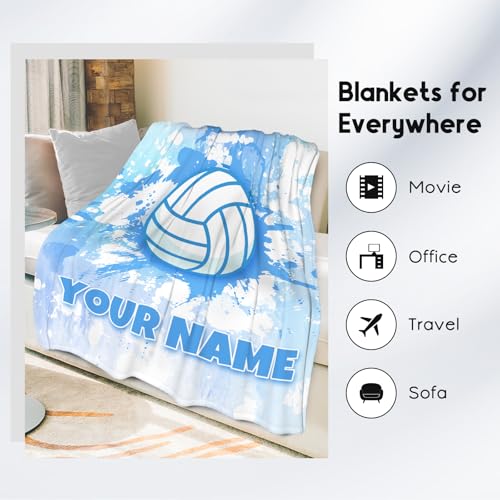 Custom Volleyball Blanket, Cozy Soft Throw Blankets for Kids, Cool Blue Flannel Throw Gifts for Bed Travel, 50x60 Inches