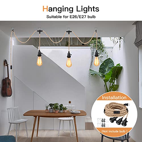 Zevnico 22.5Ft Triple Pendant Light Cord Kit With On/Off Switch Plug In Hanging Light Fixture E26 E27 Base 3 Lights Twisted Rope Pendant Light Fixture Diy Lamp Vintage Industrial Lighting Decoration #TOP1
