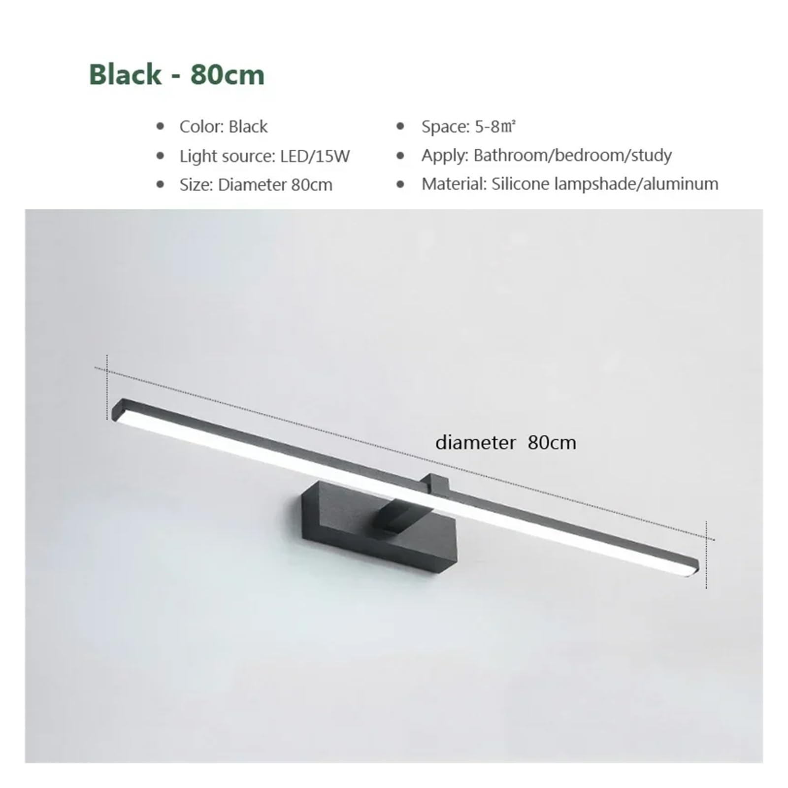 Nowoczesna lampa ścienna LED Sprzęt łazienkowy Kinkiet, trzykolorowe światła Aluminiowa lampa LED do łazienki z lustrem(Black80)