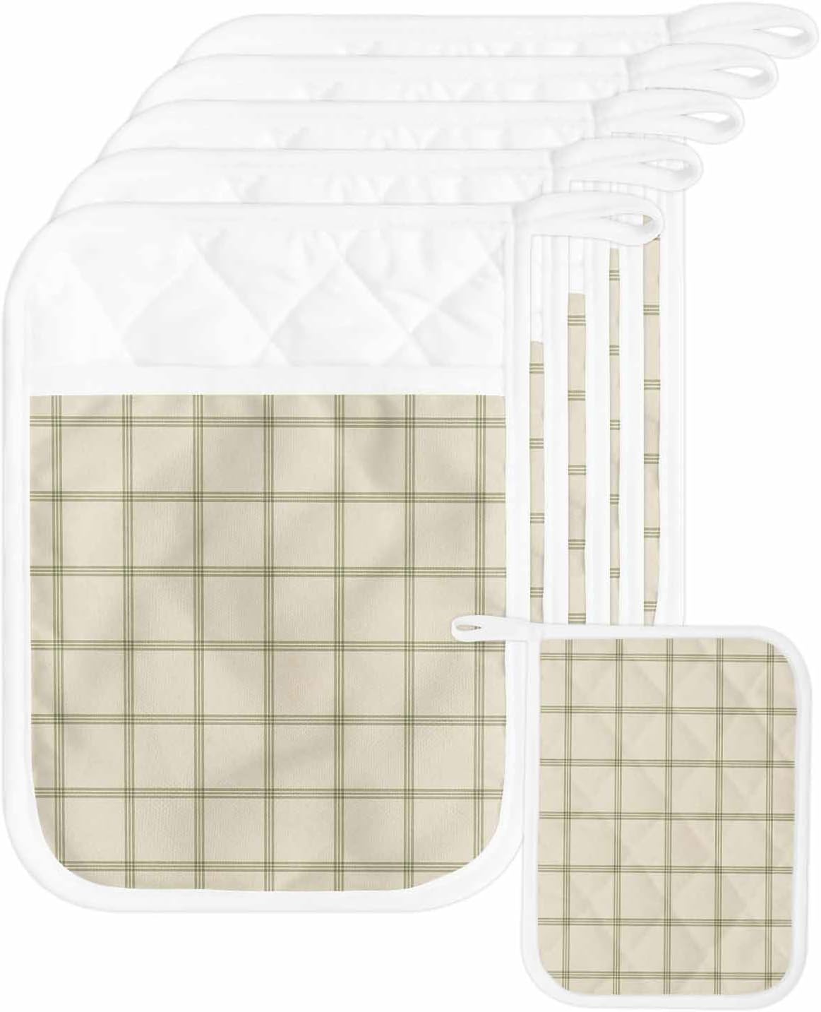 5 Pack Pot Holder with Pocket, Rustic Retro Linen Texture Kitchen Potholders Heat Proof Non Slip Pot Holders Sets, Country Green Stripe Lattice Hot Pads Potholder for Cooking Baking BBQ