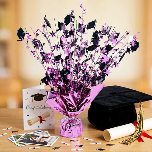 Image of 6 Packs Graduation Decorations Centerpieces for Tables Metallic Foil Star Graduate Cap Burst Tabletop Display in Pink and Black for Grad Ceremonies Celebrations Party Decor Supplies 12 (Pink)