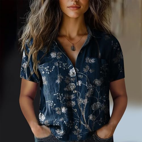 Women Gauze Tunic Linen Tops 2025 Women Cotton Shirt Printed V Neck Button Down Shirts Casual Tops Short Sleeve2