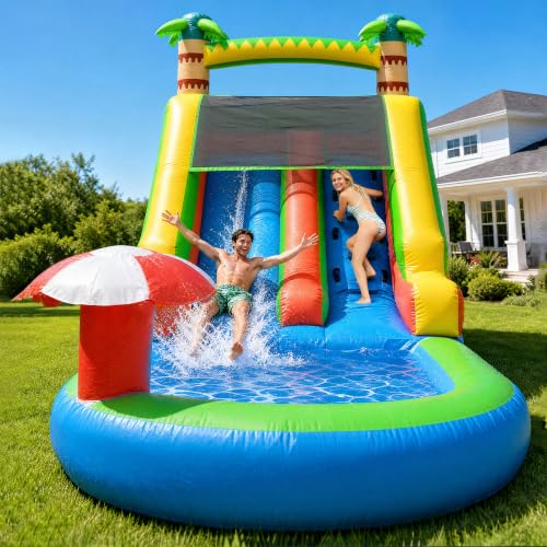 HXDOGSP Inflatable Water Slide Commercial Grade: Water Bounce House for Adults and Teenagers - Big Pool, Premium PVC, Wet & Dry, Blower Included - for Backyard Outdoor Birthday Party, Cocoanut Style