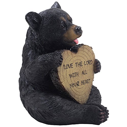 Estatua oso negro sentado con corazón de madera falsa miniatura 2
