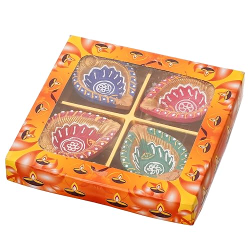 Image of eCraftIndia Set of 4 Multicolor Decorative Clay Diyas Terracotta Deepam Oil Lamps, Mitti Diya for Diwali, Lakshmi Puja, Navratri, Ganesh Chaturthi - Diwali Decoration Items for Home Decor