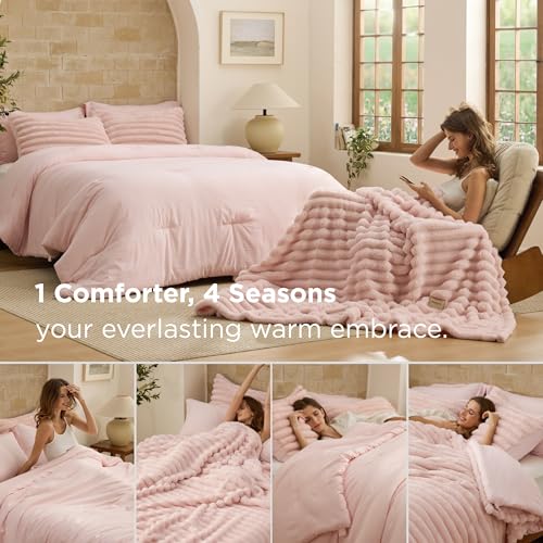 Image of Bedsure Gentlesoft 2-in-1 King Size Comforter Set and Detachable Fluffy Blanket, Pink Bedding Set for All Season Use, Detachable Design for Space Saving (Includes 2 Pillow Shams, 2 Pillowcases)