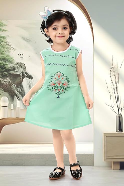 Girls Cotton Summer Dress, Sleeveless A-Line with Whale Embroidery, Pearl Trim Neckline2