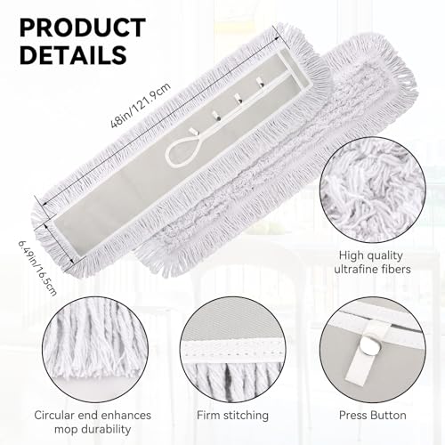 Image of 48 Inch Dust Mop Head: Replacement Medium Washable Commercial Mop Head Sweeper and Janitorial Replacement with Botton (White - 48 Inch, 3 Pack, Botton)