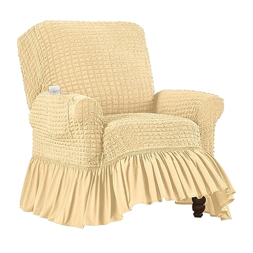 Collections Etc CY181201 NAVY RECLIN Textured Squares Ruffled Slipcover Beige Recliner cover