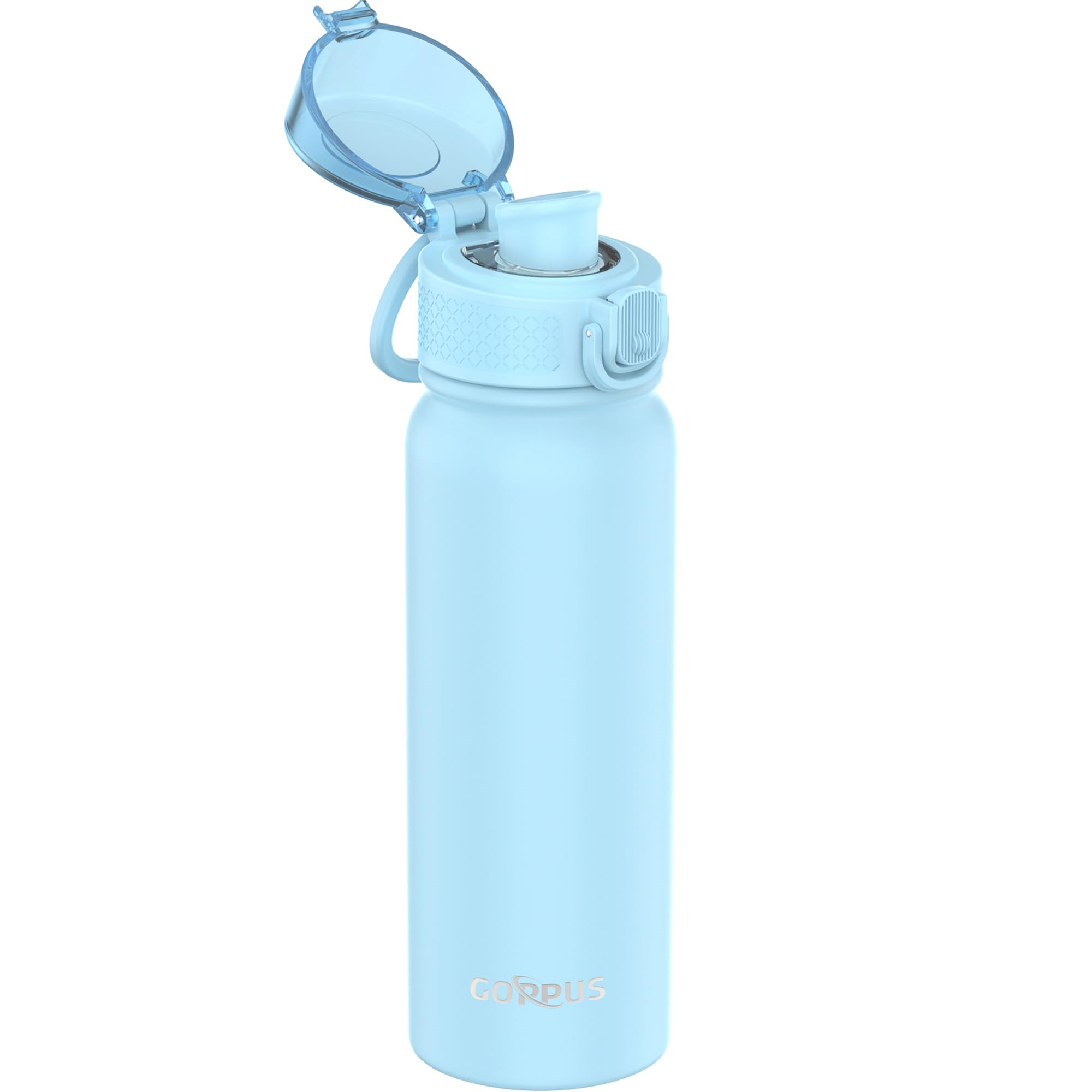 GOPPUS 600ml/20oz Insulated Water Bottle with Spout Lid (No Straw) Leakproof Stainless Steel Sports Bottle with One Hand Open Lid Double Wall Flask with Handle Keeps Drinks Cold BPA Free (Sky Blue)