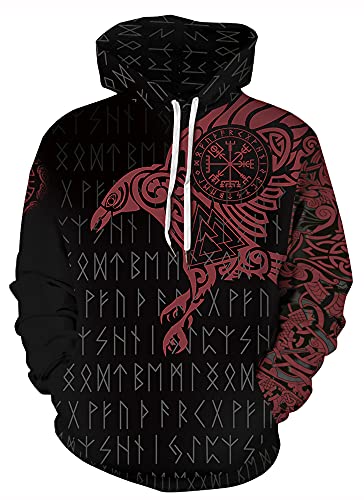 ENLACHIC Men's Viking Totem Hoodie 3D Digital Print Long Sleeve Pullover Sweatshirt Hoodies,Viking Red Raven,M