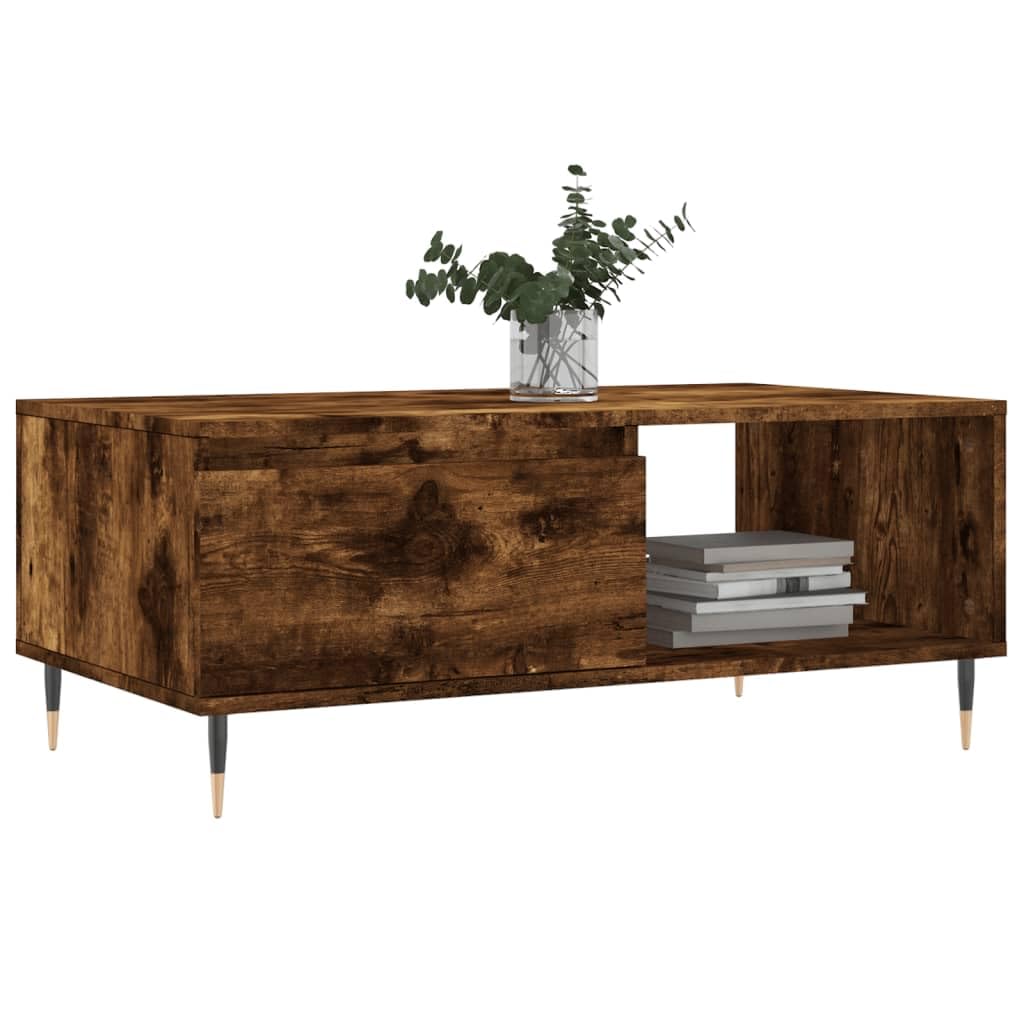 Mesa de centro de roble ahumado 90 × 50 × 36,5 cm, madera, patas de metal, cajón, estante, salón, dormitorio, balcón