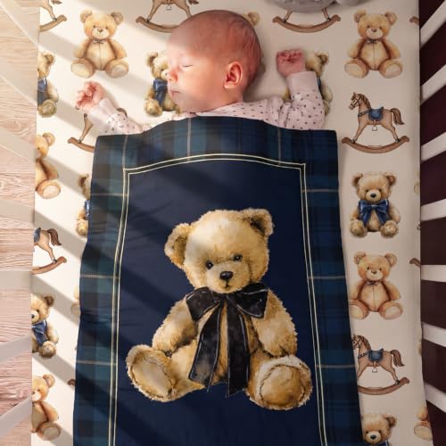 Image of Hahafelt 3 Pcs Tartan Plaids Bear Baby Crib Bedding Set Teddy Bear Plaid Theme Decor for Infant Bed Includes Quilt, Fitted Sheet, Skirt for Baby Boy Gifts