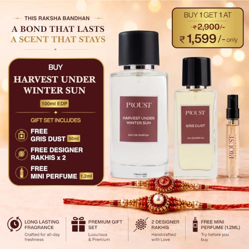 Image of PROUSTFRAGRANCES Harvest Sun Perfume 100ml Raksha Bandhan Gift Set | Gris Dust EDP 50ml, 2 Designer Rakhis & 1 Tester included | Luxury festive perfume featuring warm floral and aquatic notes