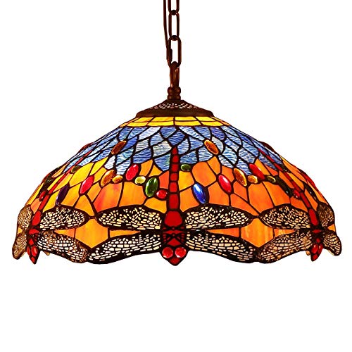 Bieye L30709 Libellule Style Tiffany Suspension en vitrail avec abat-jour de 40,6 cm de large, orange et bleu