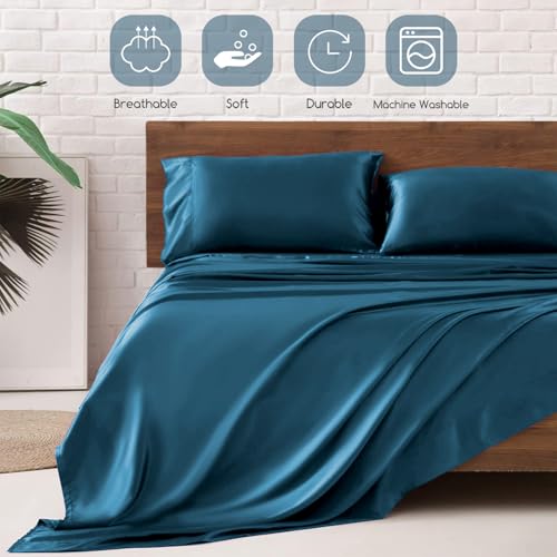 Image of MR&HM Satin Bed Sheets, King Size Sheets Set, 4 Pcs Silky Bedding Set with 15 Inches Deep Pocket for Mattress (King, Teal)
