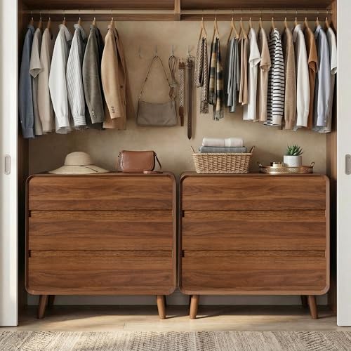 Image of Nasonet 3 Drawer Dressers for Bedroom, Mid Century Modern Chests of Drawers, Curved Dresser with Storage Drawer, Wooden Bedroom Furniture Drawer for Closet, Home Office, Walnut