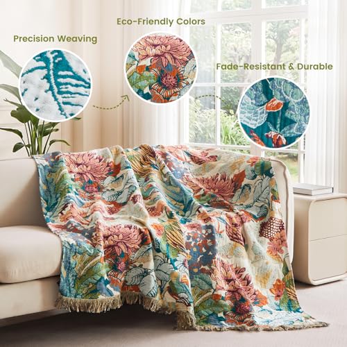 Image of MSGKV Boho Throw Blanket 50 inchx60 inch 100% Cotton Floral Muslin Sofa Blanket