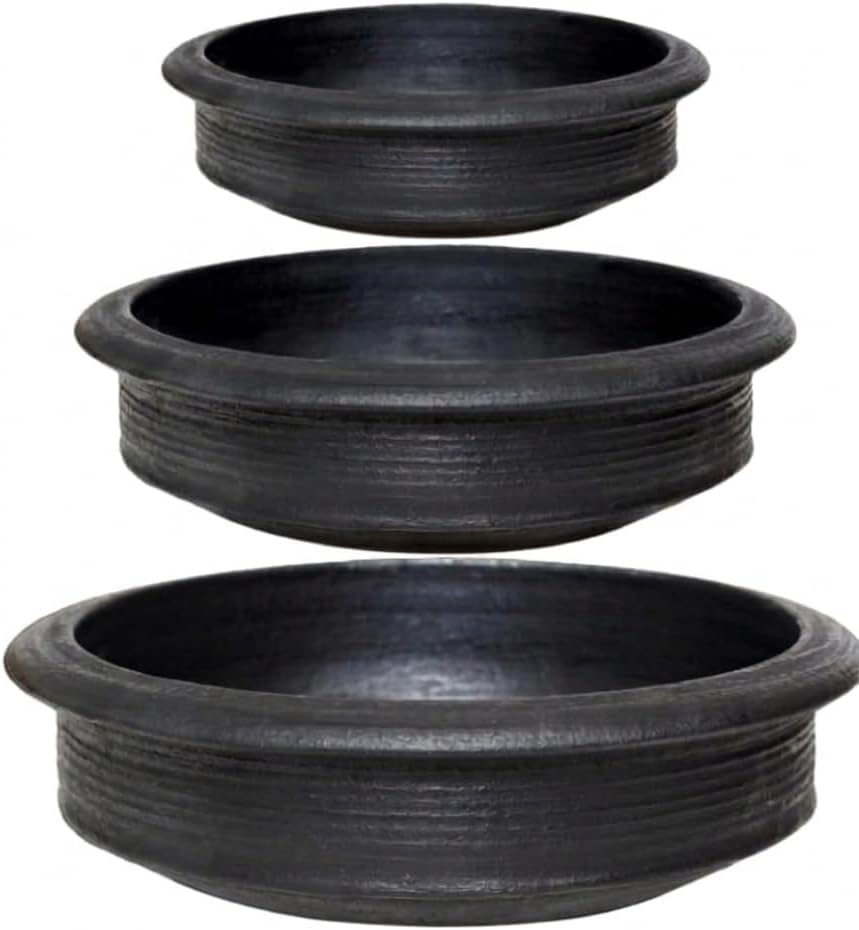Deep Burned Clay Uncoated Pot Earthen Kadai Mud Mitti ki Handi for Cooking & Serving Combo 1, 2 & 3Liter, Black