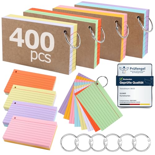 Paquete de 400 fichas Siumir, impresión a doble cara, con tapa kraft y anilla para hojas sueltas, con rayas de ocho colores, ideales para oficinas, hogares y escuelas (12,5 x 7,5 cm)