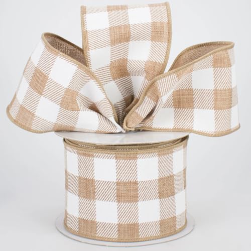 Image of Tan Plaid Wired Edge Ribbon - 2 1 /2 Inch x 10 Yards, Buffalo Plaid, Christmas, Winter Decor, Birthday, Wedding Decoration, Boxing Day, Labor Day