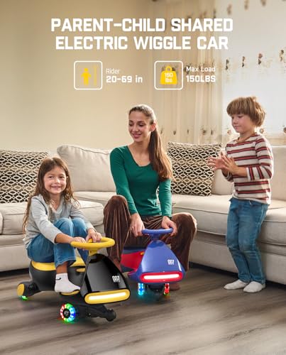 FanttikRide N7 Classic Electric Wiggle Car with Pedal, Rechargeable Battery, Ride on Toys, Swing Car, 2 Speeds, Anti-Rollover, Flashing Light Wheels, Bluetooth, for Ages 3 and Up, 150 Lbs, Yellow