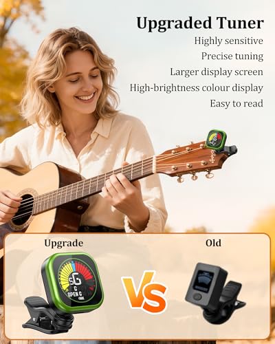 Image of New Bee Guitar Tuner Clip-On Rechargeable with Color Screen 360 Rotatable Acoustic Chromatic Open Tuning for Guitar, Bass, Ukulele, Violin (Green, 1 Pack)