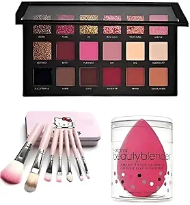 RJGUDDU Rose Gold New Edition Makeup Eyeshadow & 7 Pcs Kitty Makeup Brushes Set With Storage Box & Makeup Puff - (Set of 3)