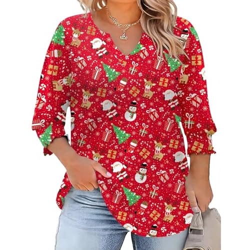 Rapbin Womens Plus Size Tops 3/4 Sleeve Blouses Shirts Casual V Neck Loose Tunic Tops 1X-5X 3X-Large Christmas Printed