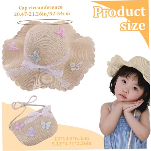 Kids Straw Hat Set, 2pcs/Set Butterfly Lace Straw Hat with Crossbody Bag for Girls, Summer Kids Straw Sun Hat, Beach Hat for Girls Beige3
