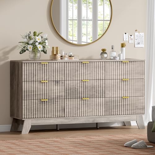 Image of Wodeer 9 Drawer Fluted Dresser for Bedroom, Mid Century Modern Wooden Dresser with 9 Drawers, Dressers & Chests of Drawers with Metal Handle, TV Stand & Storage Organizer for Entryway, Hallway, Oak