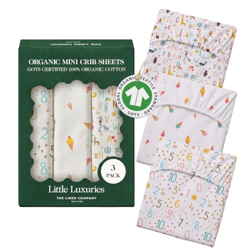 Image of 100% Organic Cotton Mini Crib Sheets (3-Pack) - GOTS Certified, Soft Fitted Sheets for Mini Mattress & Pack n Play, 5 in Deep Pocket with Secure Elastic Fit, Boys & Girls, (27 inch x 39 inch) Little Learners