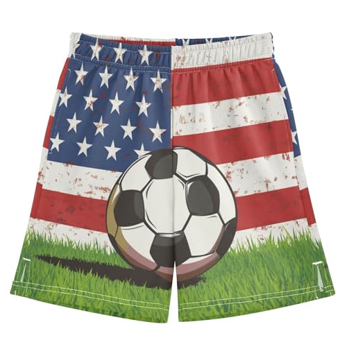 DOMIKING Flag Soccer Grass Kids Shorts Pull-on Boys Shorts with Elastic Waist Casual Athletic Pants for Outdoor Summer